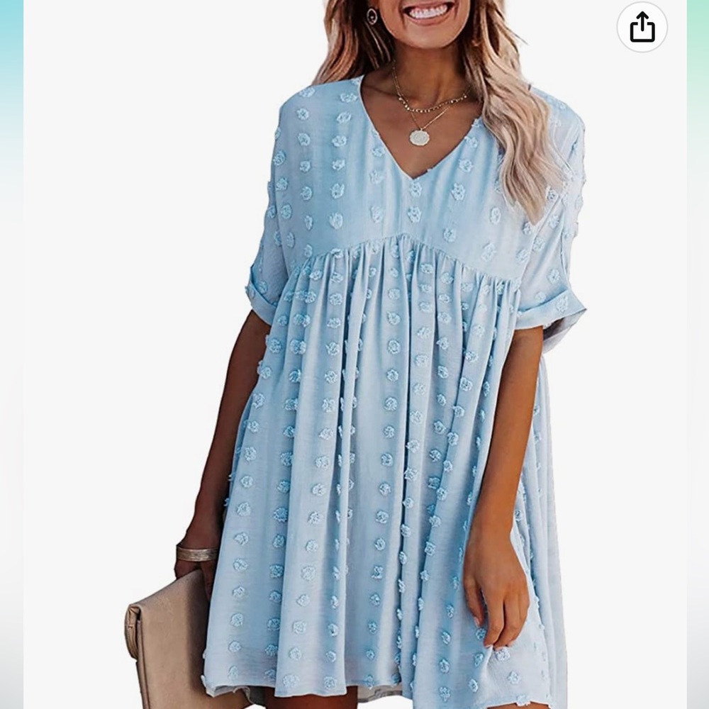 Short Sleeve Dress with Swiss Dot - Baby Blue